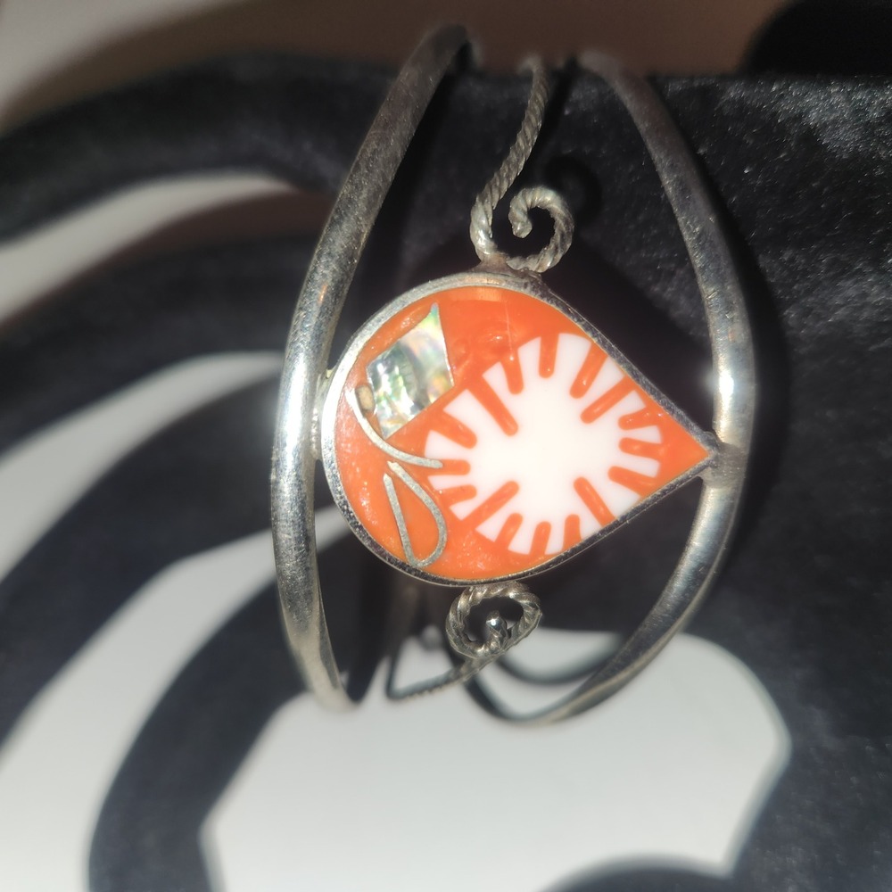 Alpaca Mexico  Silver Spiny Oyster Abalone Inlay Sunburst Cuff Bracelet